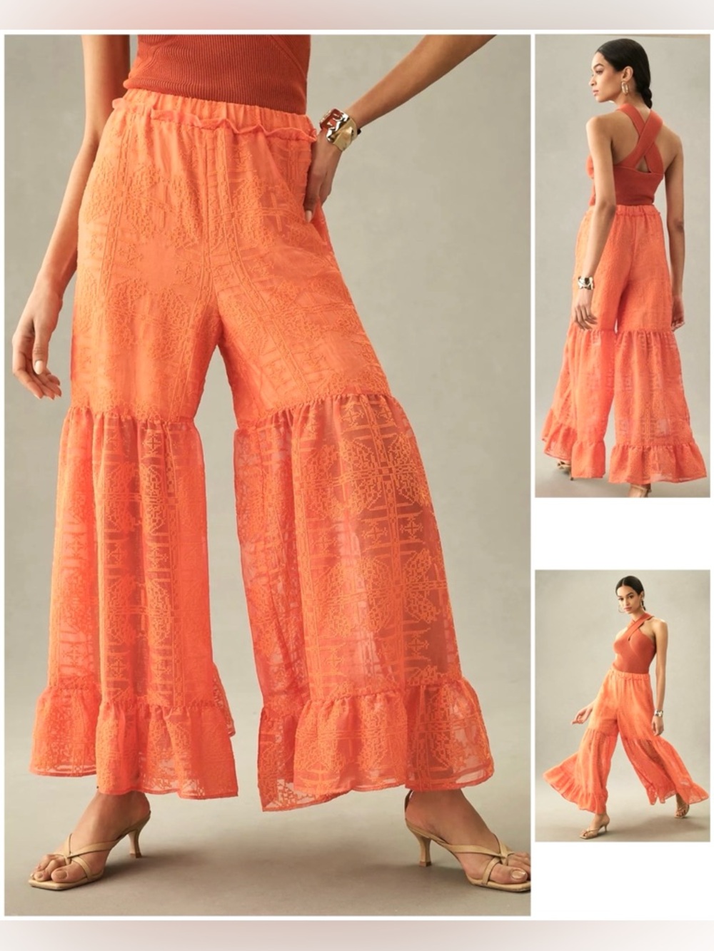 Anthropologie Chiffon Embroidered Palazzo Pants Wide Leg Pull-On Elastic Waist